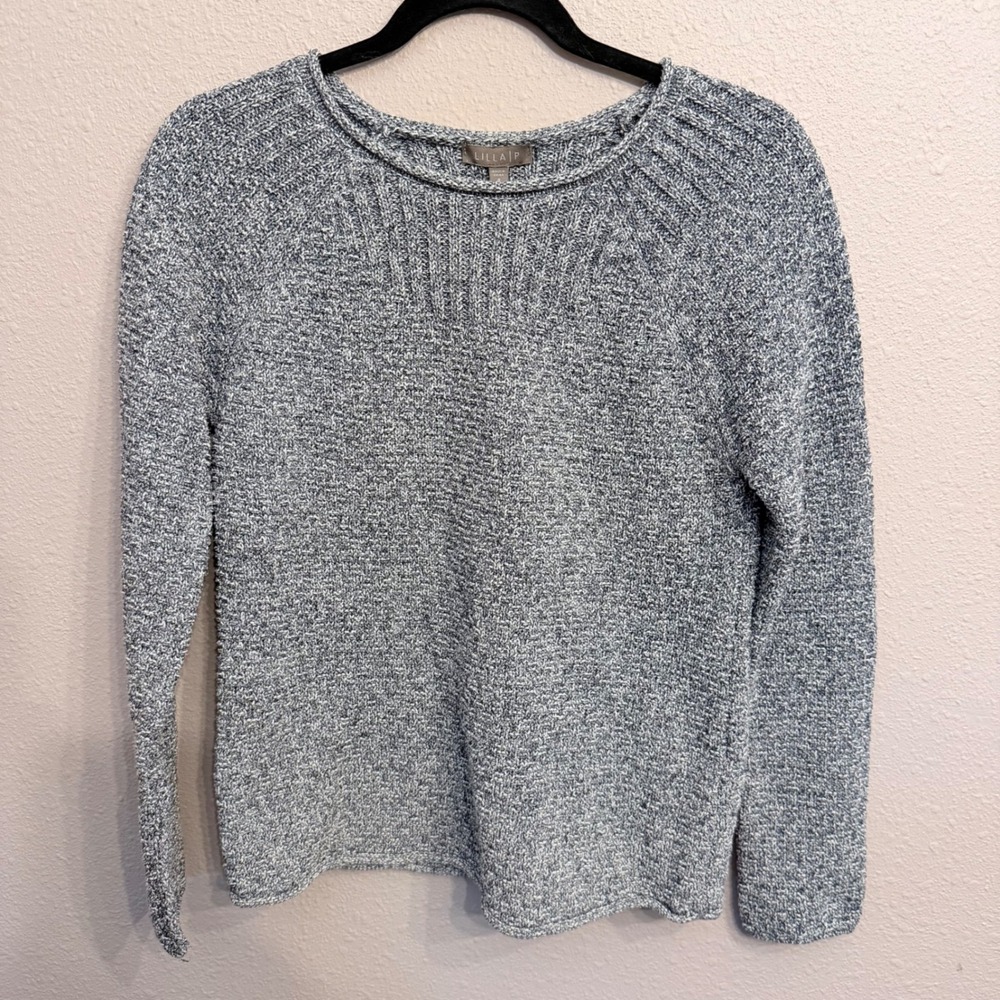 Lilla P Black White Marled Cotton Blend Raglan Crewneck Sweater Small